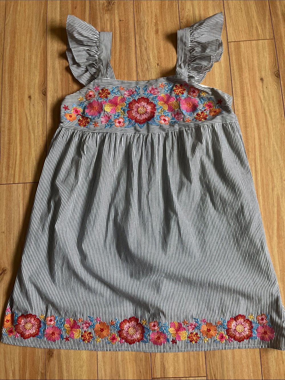 Savanna Jane Black/White Striped Sundress with Bright Floral Embroidery
SZ L